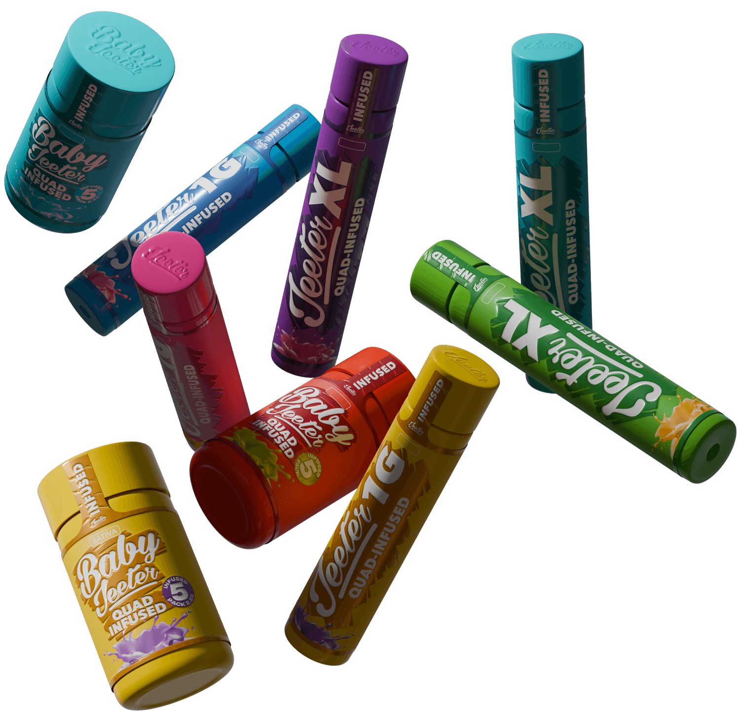 Jeeter infused pre-roll bottle floating on a dark backdrop